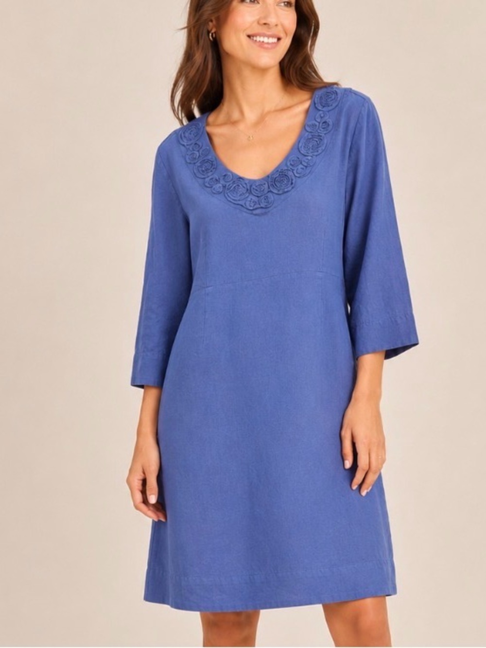 Boden Linen Blend periwinkle blue embroidered rosettes v-neck Dress size 10